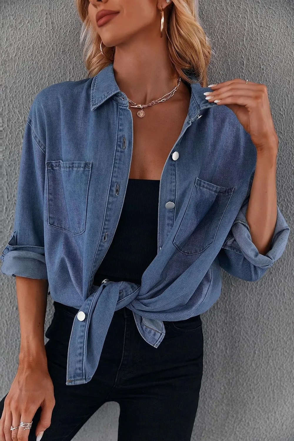 Women's Casual Button Down Denim Shirt Long Sleeve Boyfriend Oversized Jean Jacket with Pockets