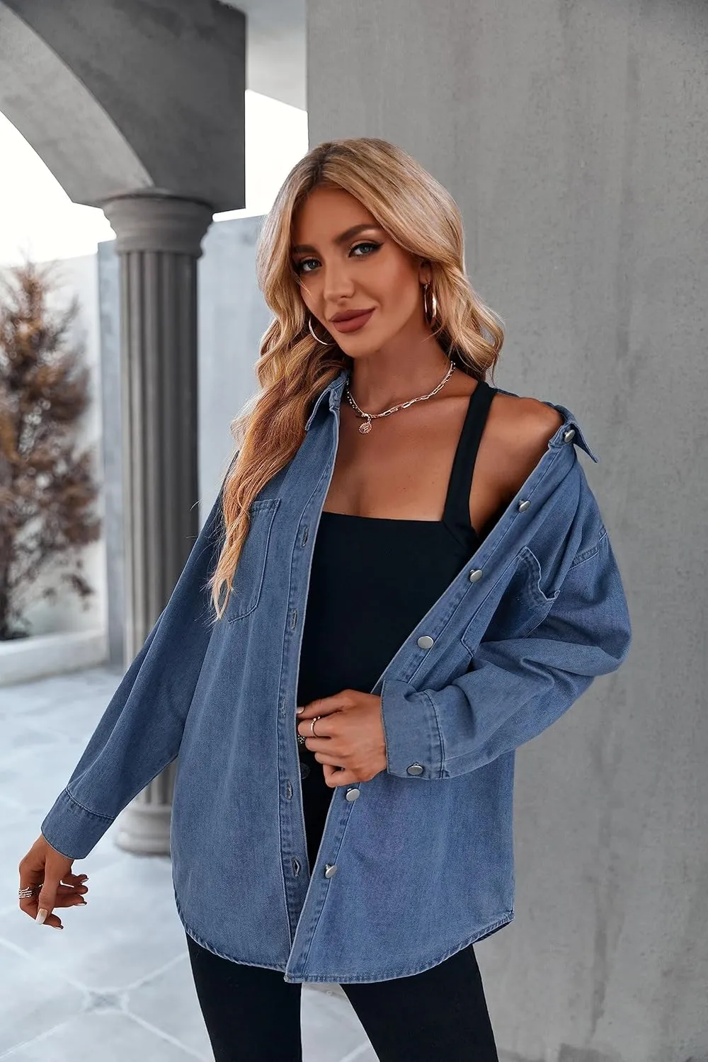 Women's Casual Button Down Denim Shirt Long Sleeve Boyfriend Oversized Jean Jacket with Pockets