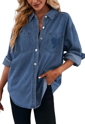 Women's Casual Button Down Denim Shirt Long Sleeve Boyfriend Oversized Jean Jacket with Pockets