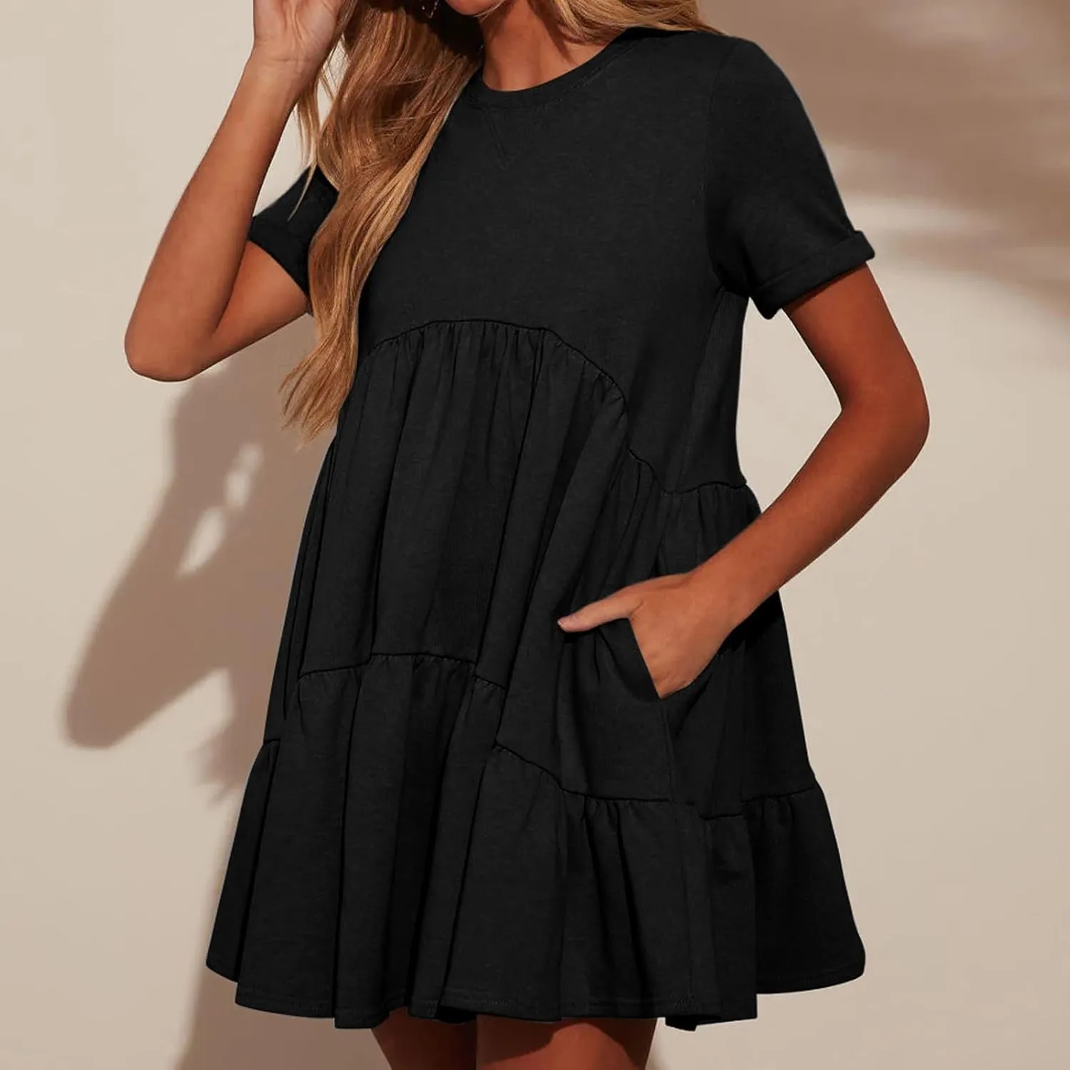 Womens Casual Mini Short Sleeve Flowy Tiered Dress, Summer Crewneck Beach Sun Dresses with Pockets