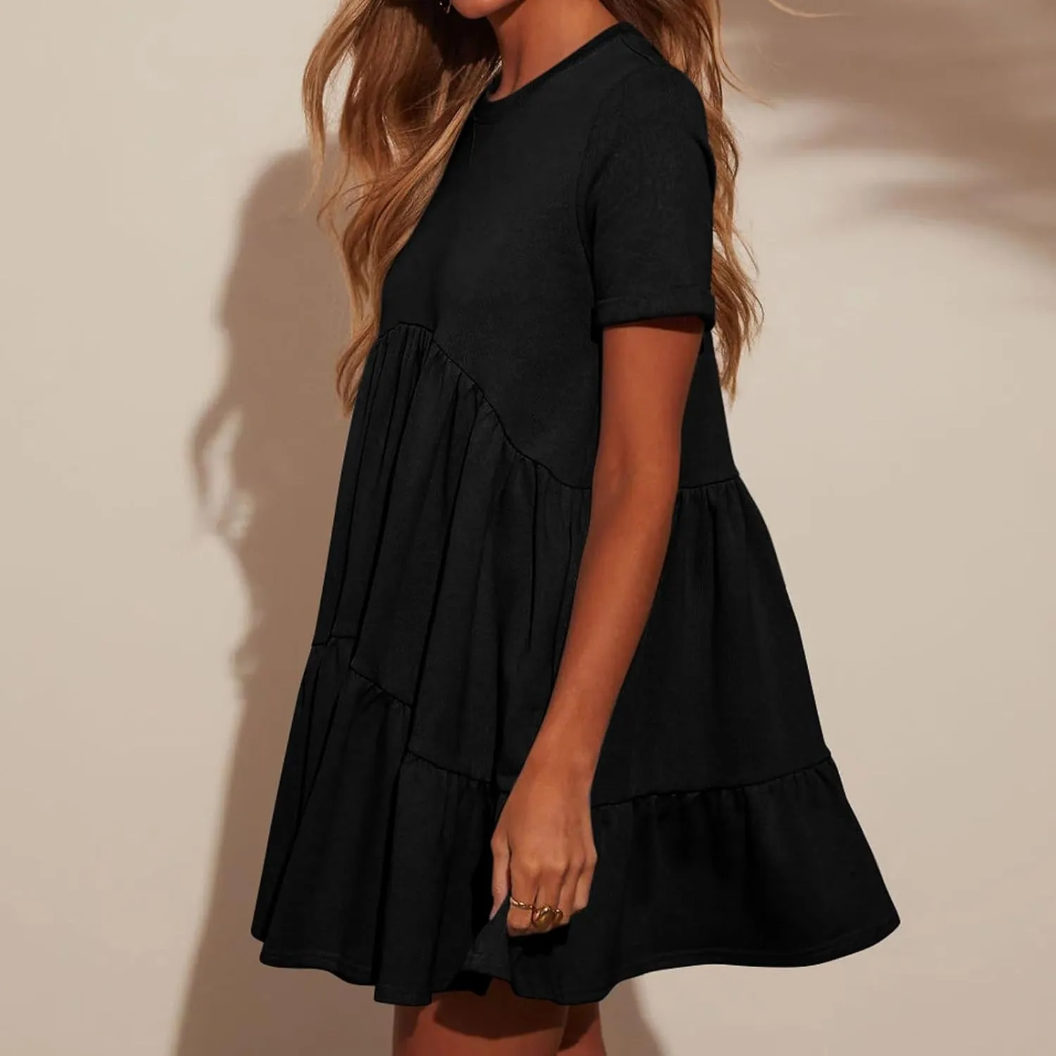 Womens Casual Mini Short Sleeve Flowy Tiered Dress, Summer Crewneck Beach Sun Dresses with Pockets