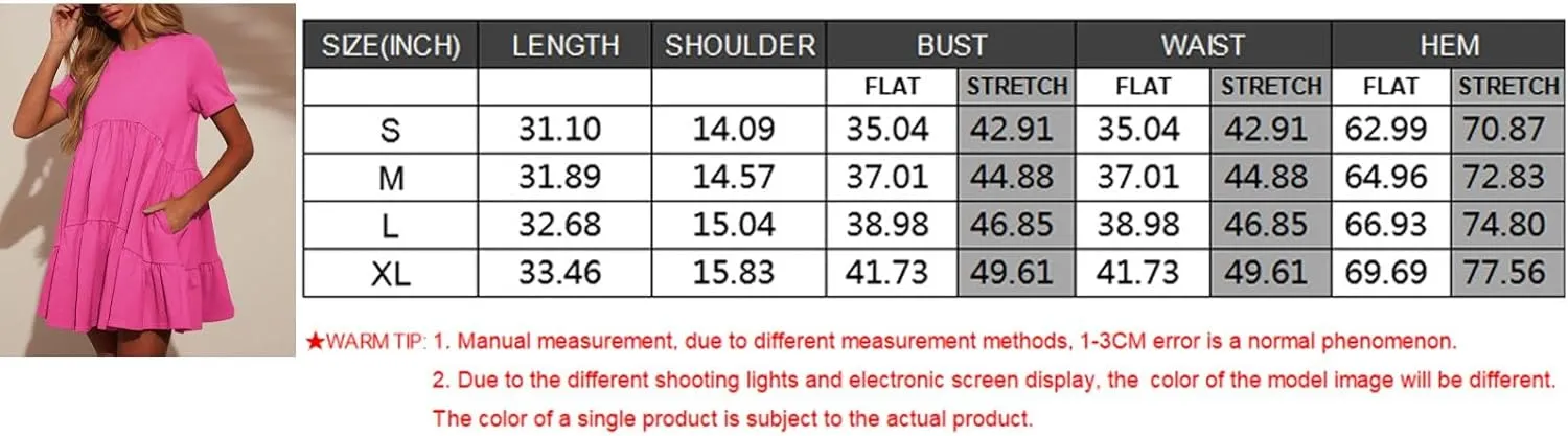 Womens Casual Mini Short Sleeve Flowy Tiered Dress, Summer Crewneck Beach Sun Dresses with Pockets