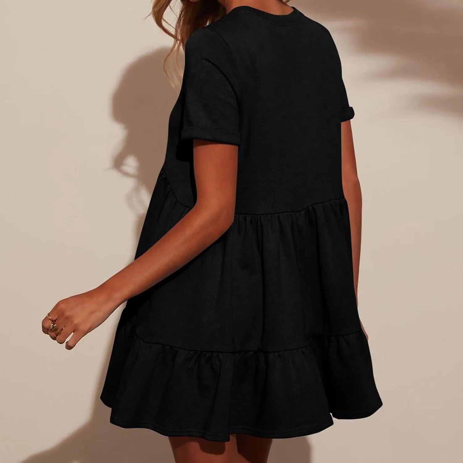 Womens Casual Mini Short Sleeve Flowy Tiered Dress, Summer Crewneck Beach Sun Dresses with Pockets