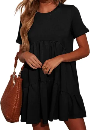 Womens Casual Mini Short Sleeve Flowy Tiered Dress, Summer Crewneck Beach Sun Dresses with Pockets