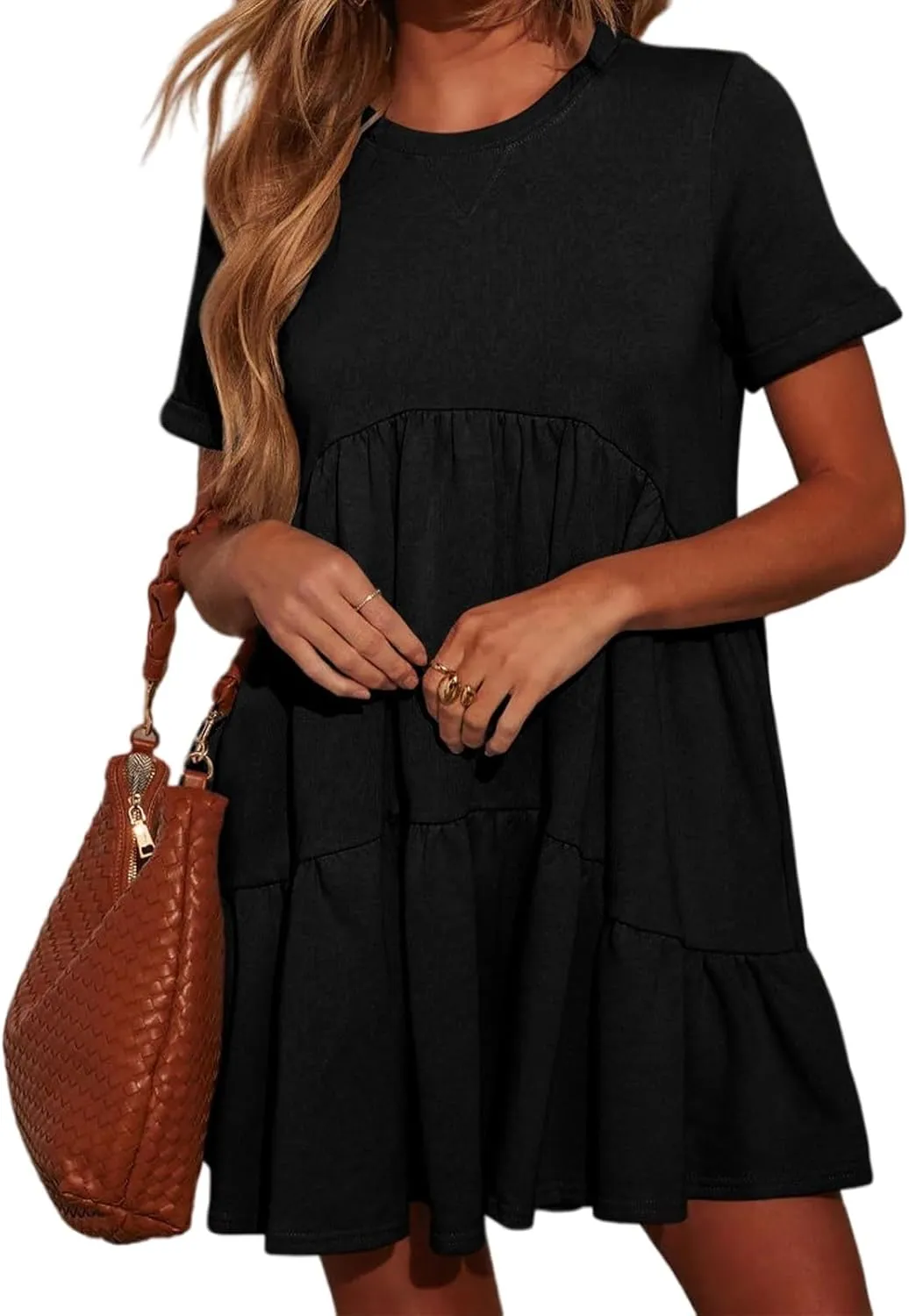 Womens Casual Mini Short Sleeve Flowy Tiered Dress, Summer Crewneck Beach Sun Dresses with Pockets