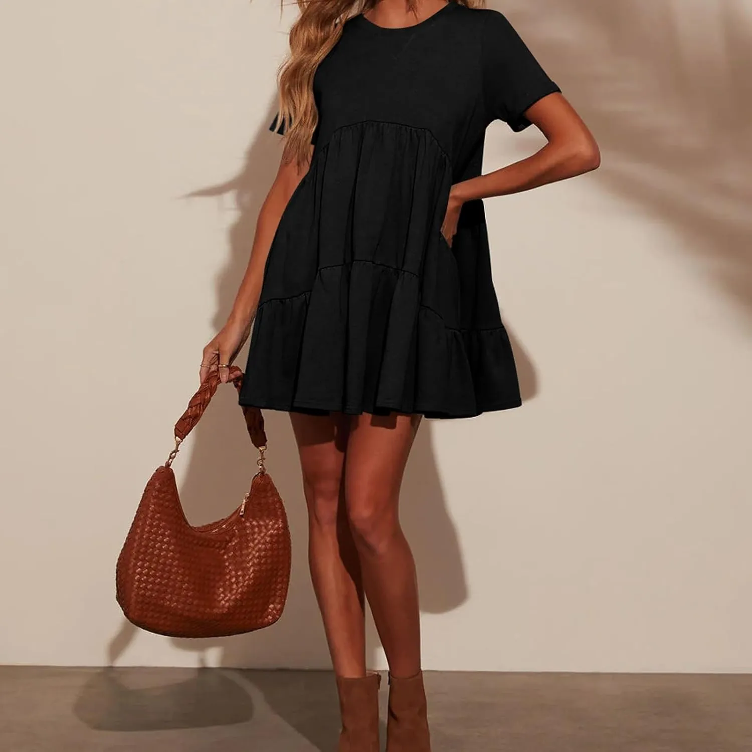 Womens Casual Mini Short Sleeve Flowy Tiered Dress, Summer Crewneck Beach Sun Dresses with Pockets