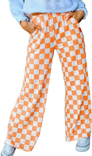 Womens Checkered Pants Y2K Pajama Pants Elastic Waist Wide Leg Lounge Pants Comfy Pj Bottoms with Pockets Loungewear