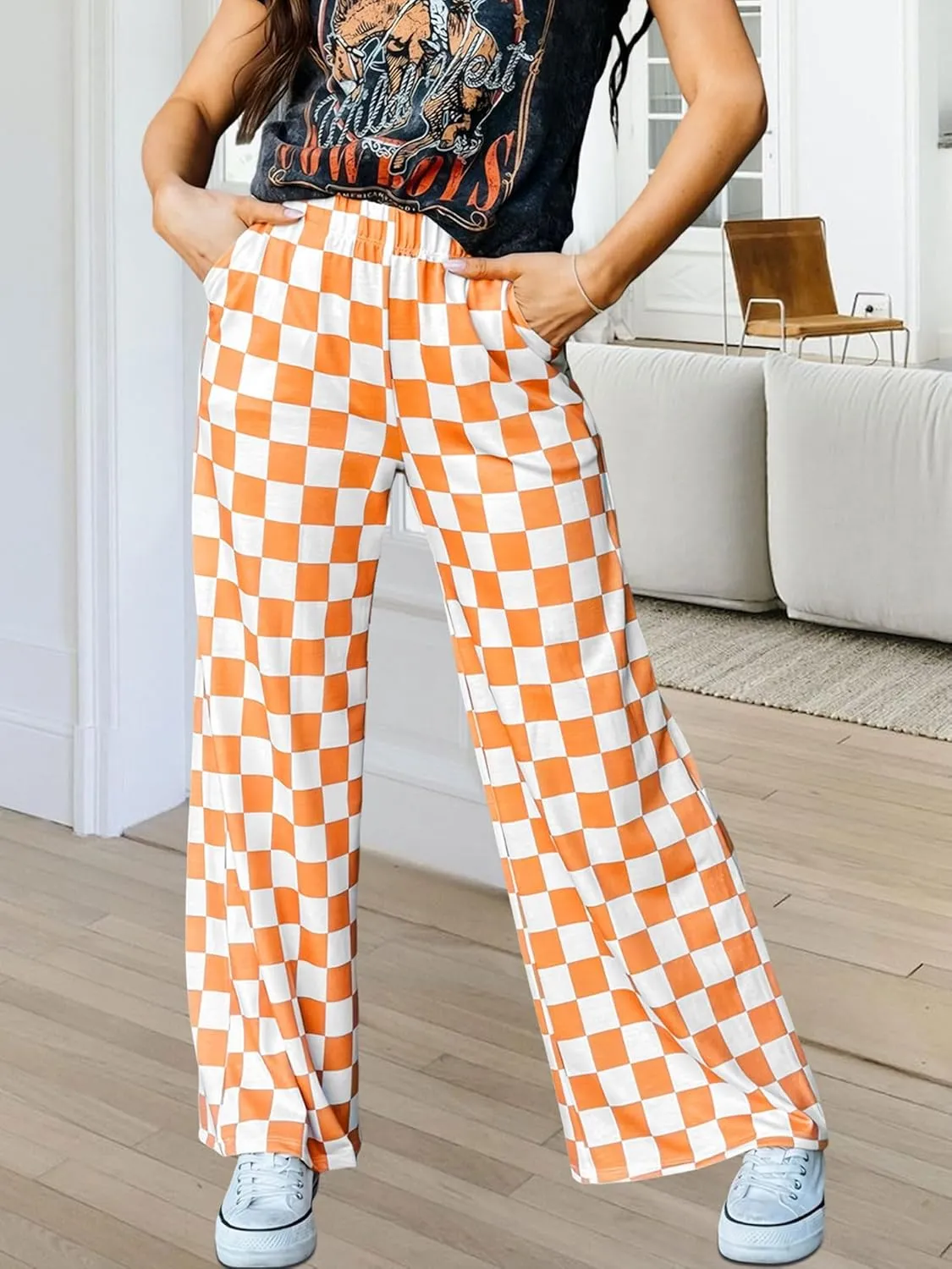 Womens Checkered Pants Y2K Pajama Pants Elastic Waist Wide Leg Lounge Pants Comfy Pj Bottoms with Pockets Loungewear