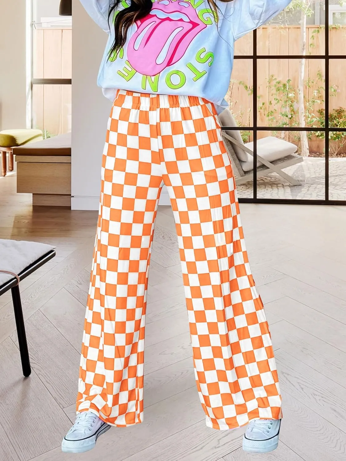 Womens Checkered Pants Y2K Pajama Pants Elastic Waist Wide Leg Lounge Pants Comfy Pj Bottoms with Pockets Loungewear
