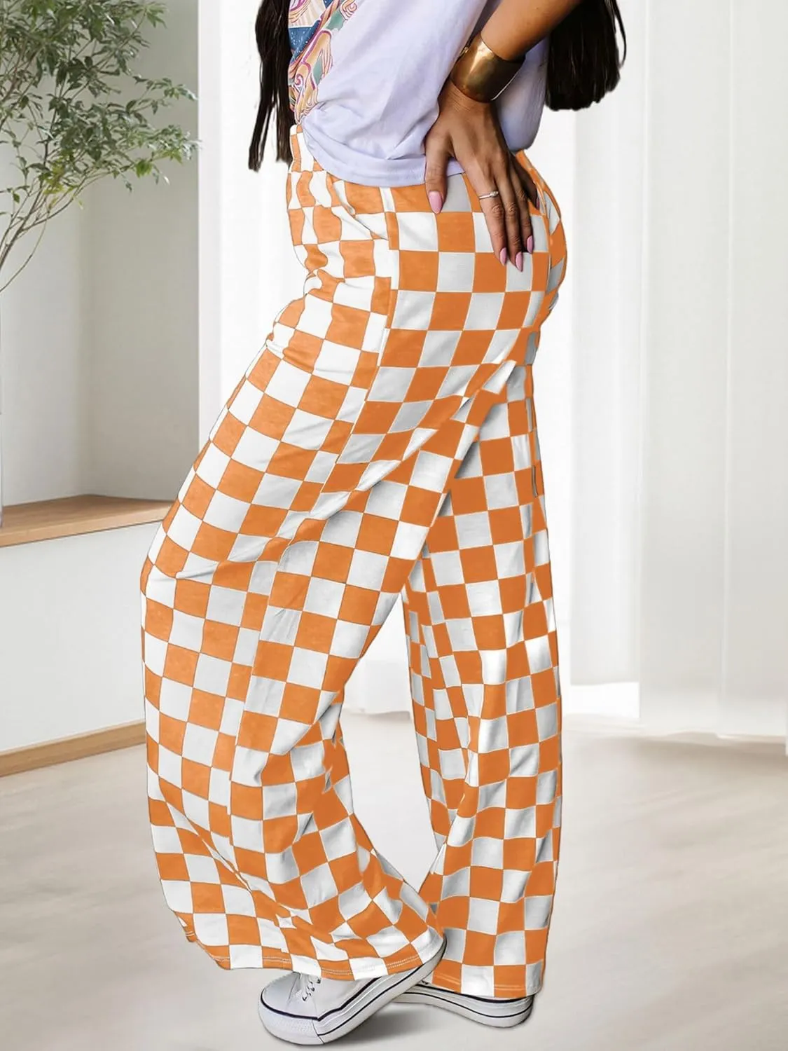 Womens Checkered Pants Y2K Pajama Pants Elastic Waist Wide Leg Lounge Pants Comfy Pj Bottoms with Pockets Loungewear