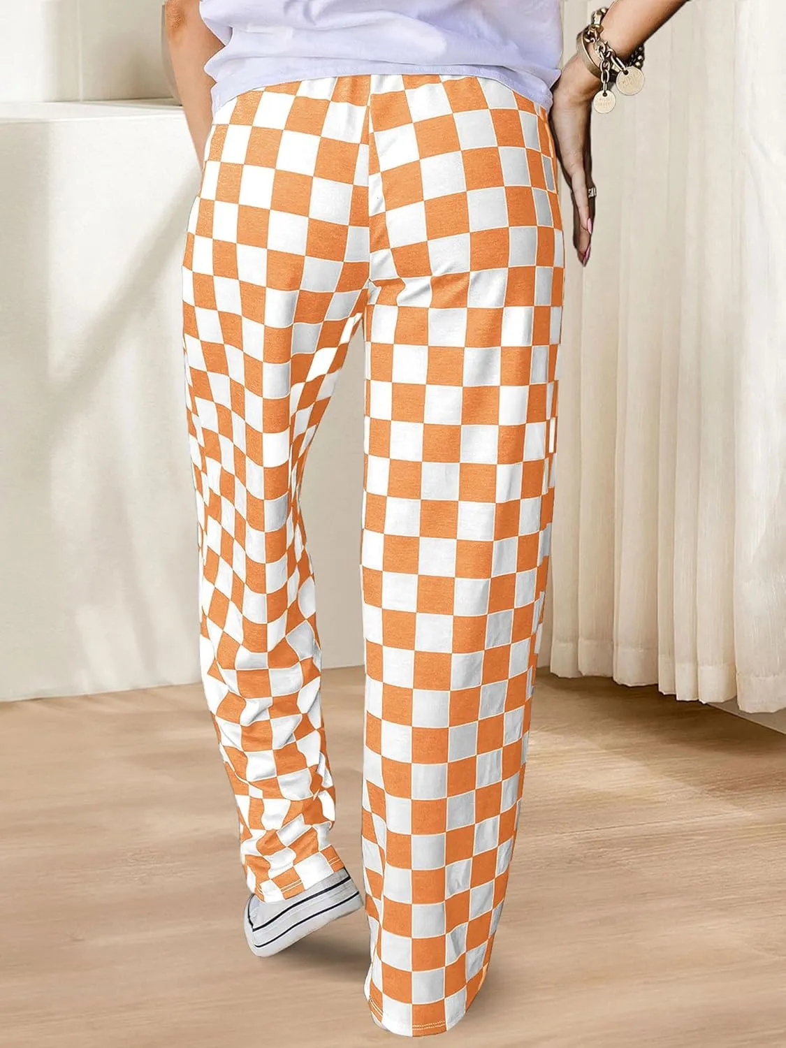 Womens Checkered Pants Y2K Pajama Pants Elastic Waist Wide Leg Lounge Pants Comfy Pj Bottoms with Pockets Loungewear