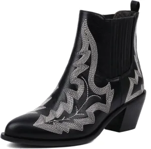 Womens Chelsea Ankle Boots Embroidery Pointed Toe Western Cowboy Short Boots Chunky Block Mid Heel Elastic Panel Casual Booties