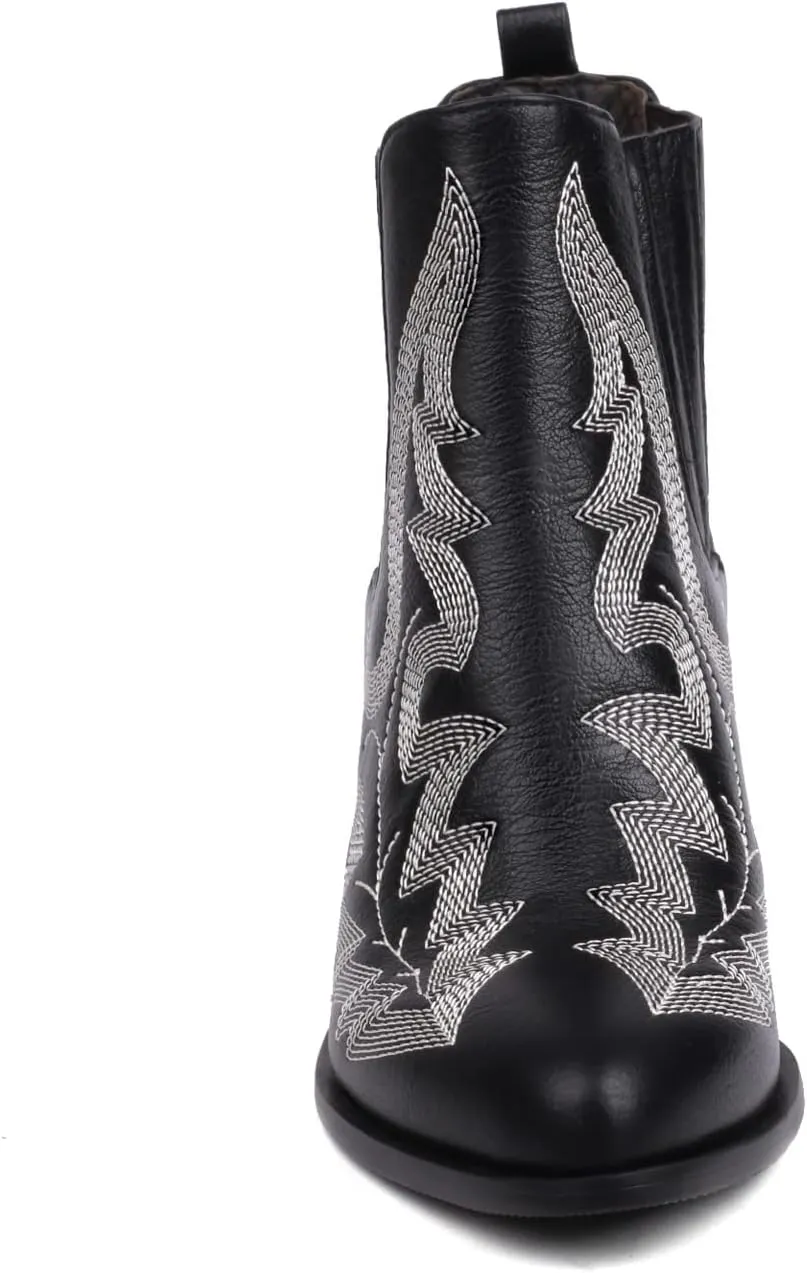 Womens Chelsea Ankle Boots Embroidery Pointed Toe Western Cowboy Short Boots Chunky Block Mid Heel Elastic Panel Casual Booties