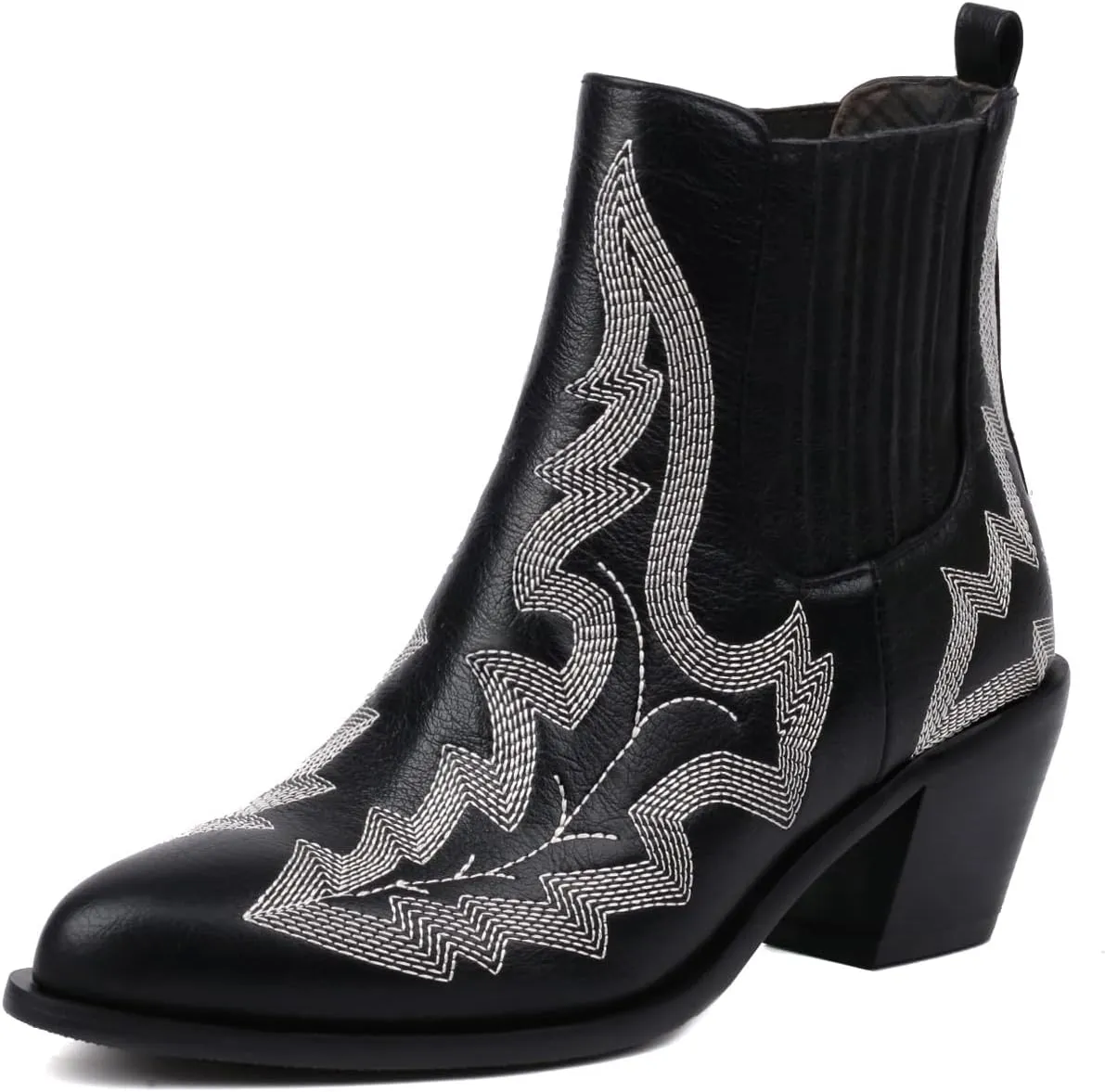 Womens Chelsea Ankle Boots Embroidery Pointed Toe Western Cowboy Short Boots Chunky Block Mid Heel Elastic Panel Casual Booties
