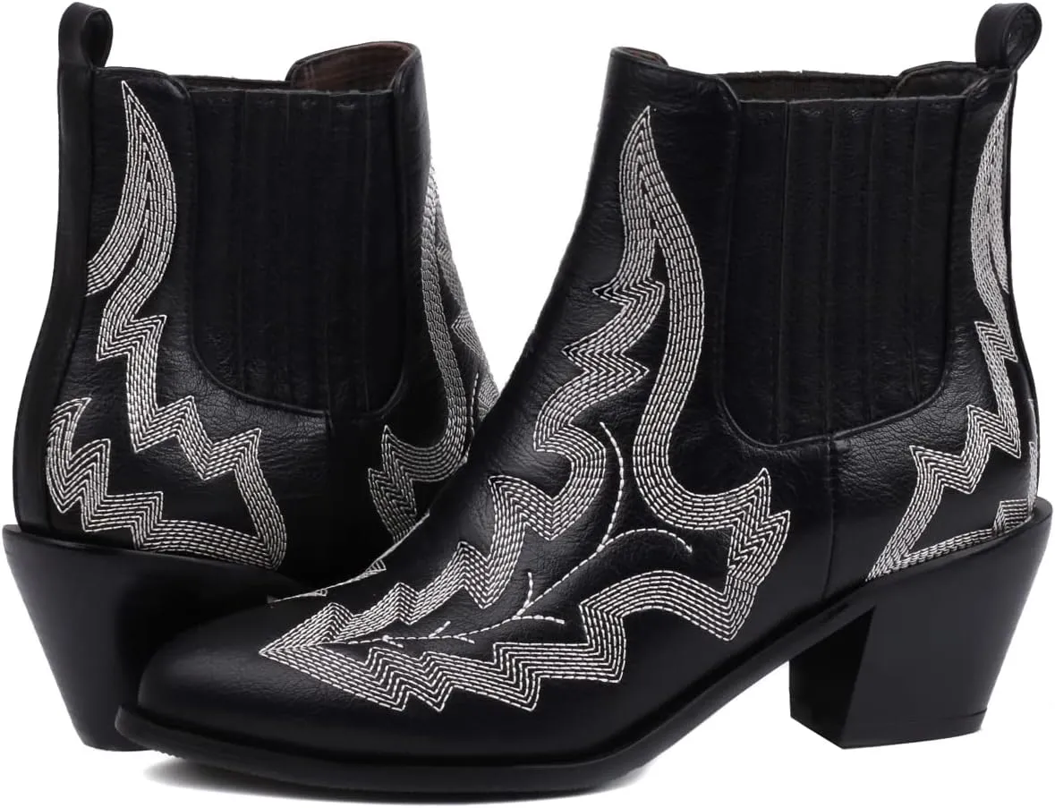 Womens Chelsea Ankle Boots Embroidery Pointed Toe Western Cowboy Short Boots Chunky Block Mid Heel Elastic Panel Casual Booties