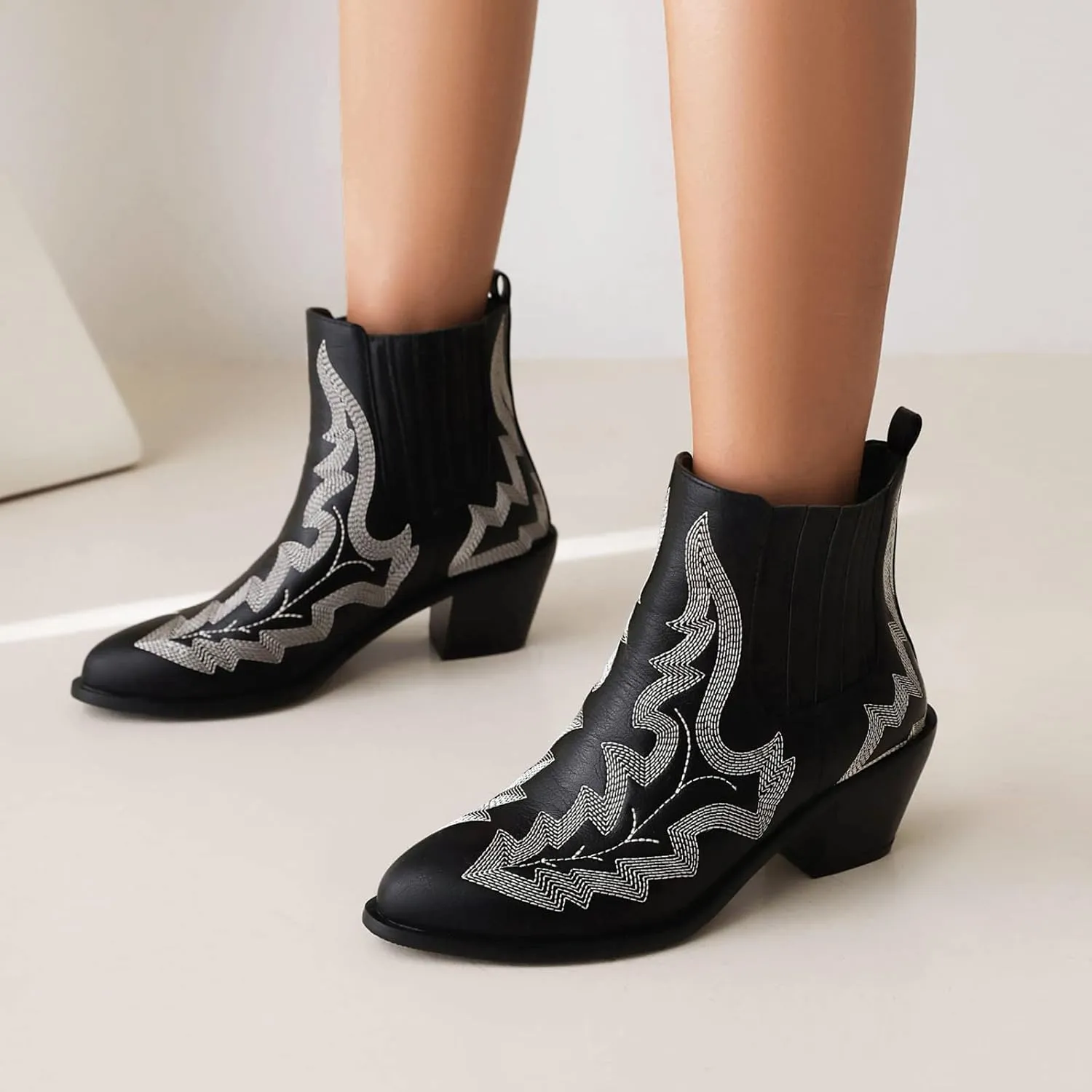 Womens Chelsea Ankle Boots Embroidery Pointed Toe Western Cowboy Short Boots Chunky Block Mid Heel Elastic Panel Casual Booties