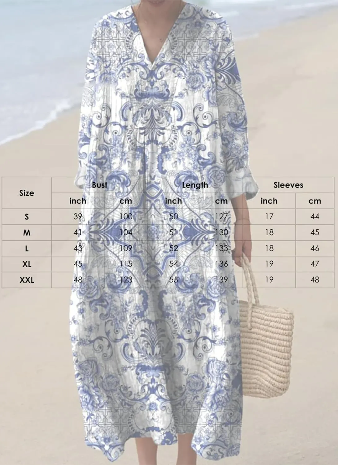 Women's Chic Boho Print V-Neck Long Sleeve Midi Dress Summer Loose Fit Flowy Beach Resort Casual Dress