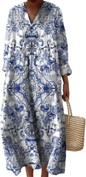 Women's Chic Boho Print V-Neck Long Sleeve Midi Dress Summer Loose Fit Flowy Beach Resort Casual Dress