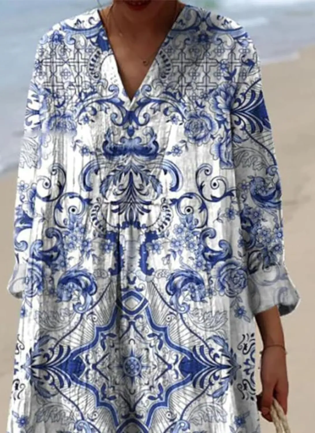 Women's Chic Boho Print V-Neck Long Sleeve Midi Dress Summer Loose Fit Flowy Beach Resort Casual Dress
