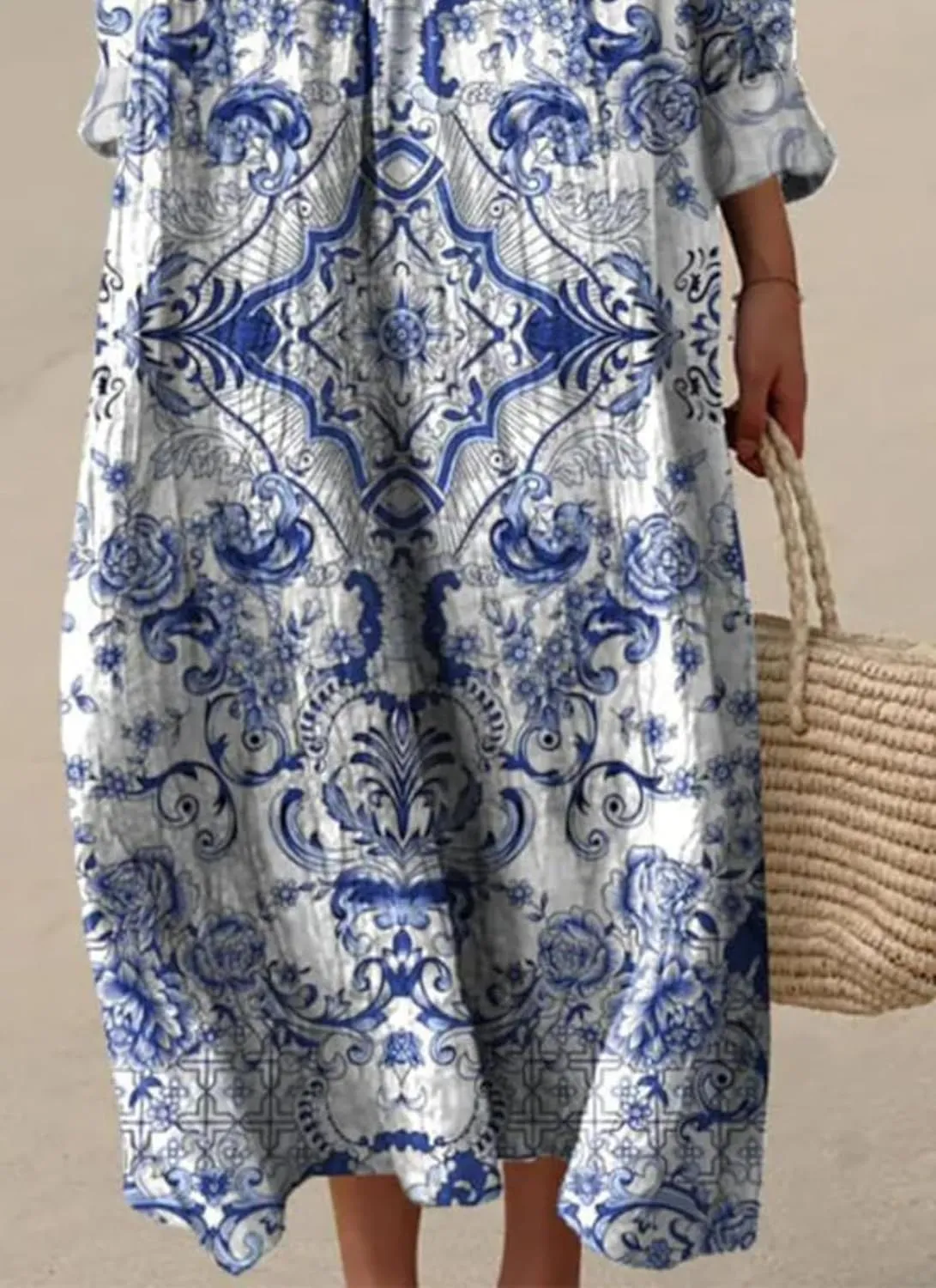 Women's Chic Boho Print V-Neck Long Sleeve Midi Dress Summer Loose Fit Flowy Beach Resort Casual Dress