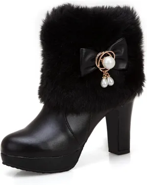 Women's Chunky Platform Ankle Booties Cute Furry Winter Warm Boots Block High Heels Fluffy Short Boot