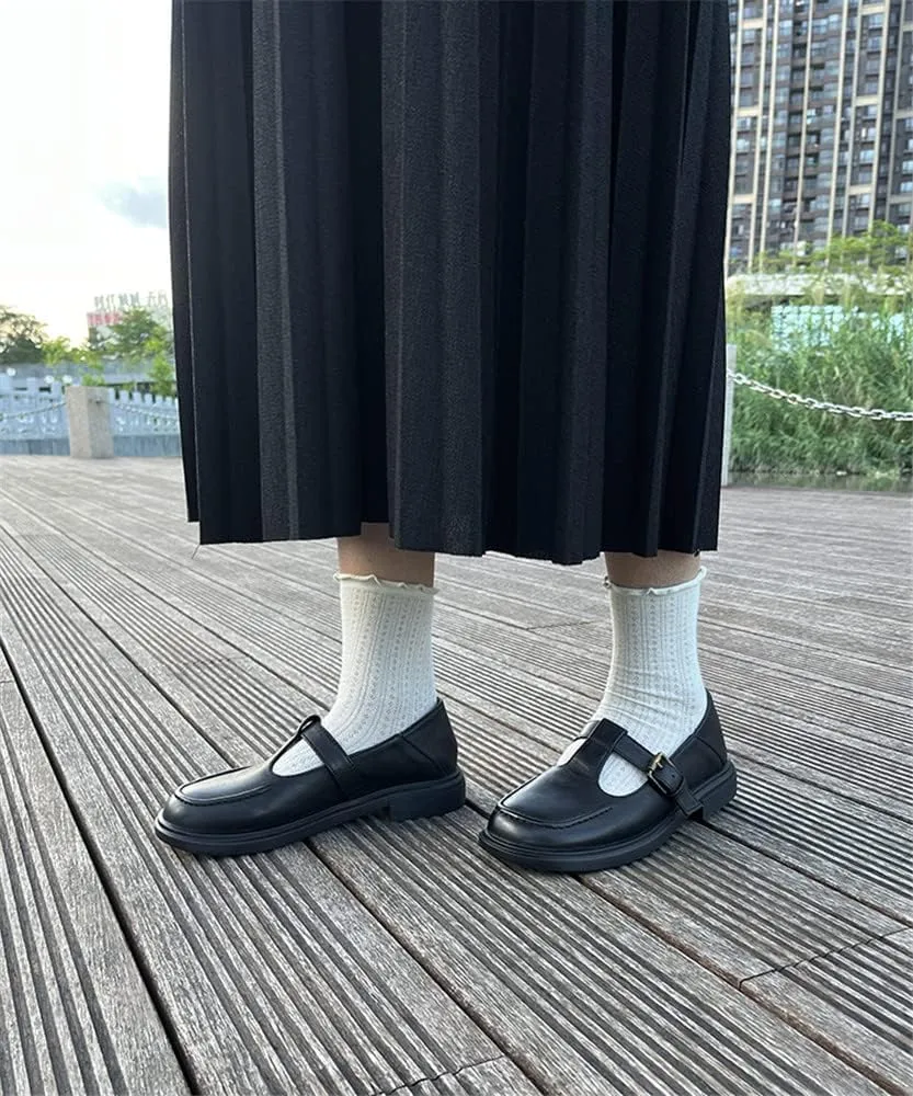 Women's Classic T-Strap Mary Jane Flats Soft Leather Uniform Dress Shoes