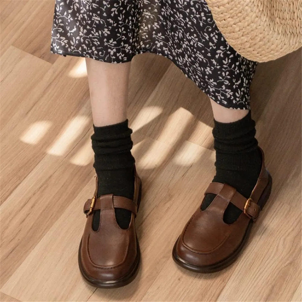Women's Classic T-Strap Mary Jane Flats Soft Leather Uniform Dress Shoes
