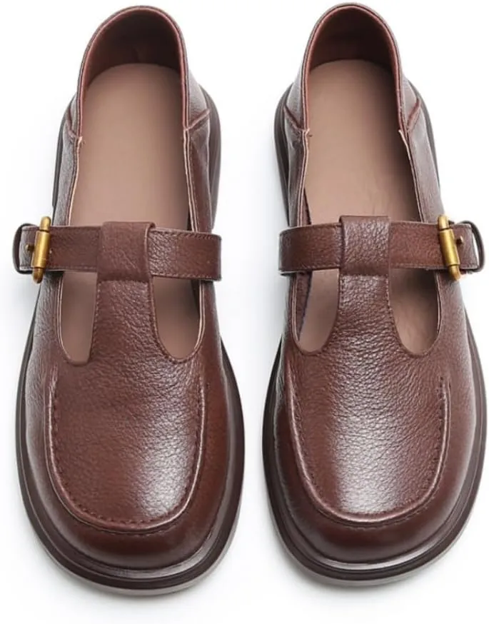 Women's Classic T-Strap Mary Jane Flats Soft Leather Uniform Dress Shoes