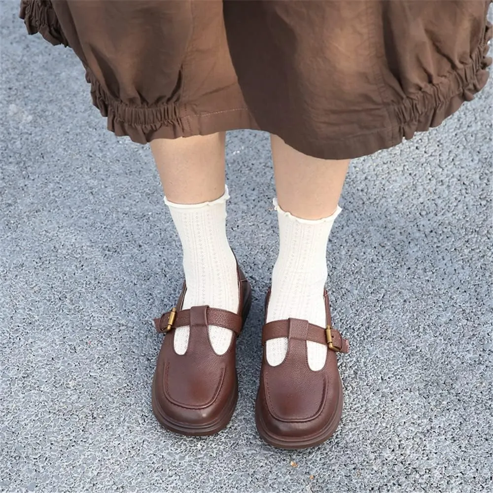 Women's Classic T-Strap Mary Jane Flats Soft Leather Uniform Dress Shoes