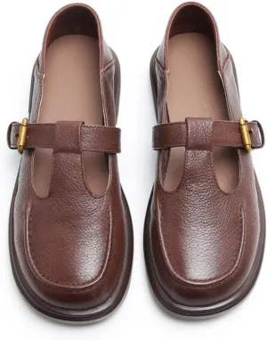 Women's Classic T-Strap Mary Jane Flats Soft Leather Uniform Dress Shoes