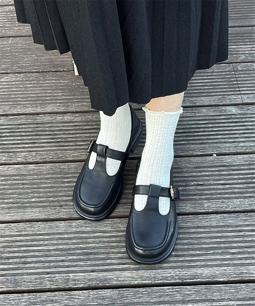 Women's Classic T-Strap Mary Jane Flats Soft Leather Uniform Dress Shoes