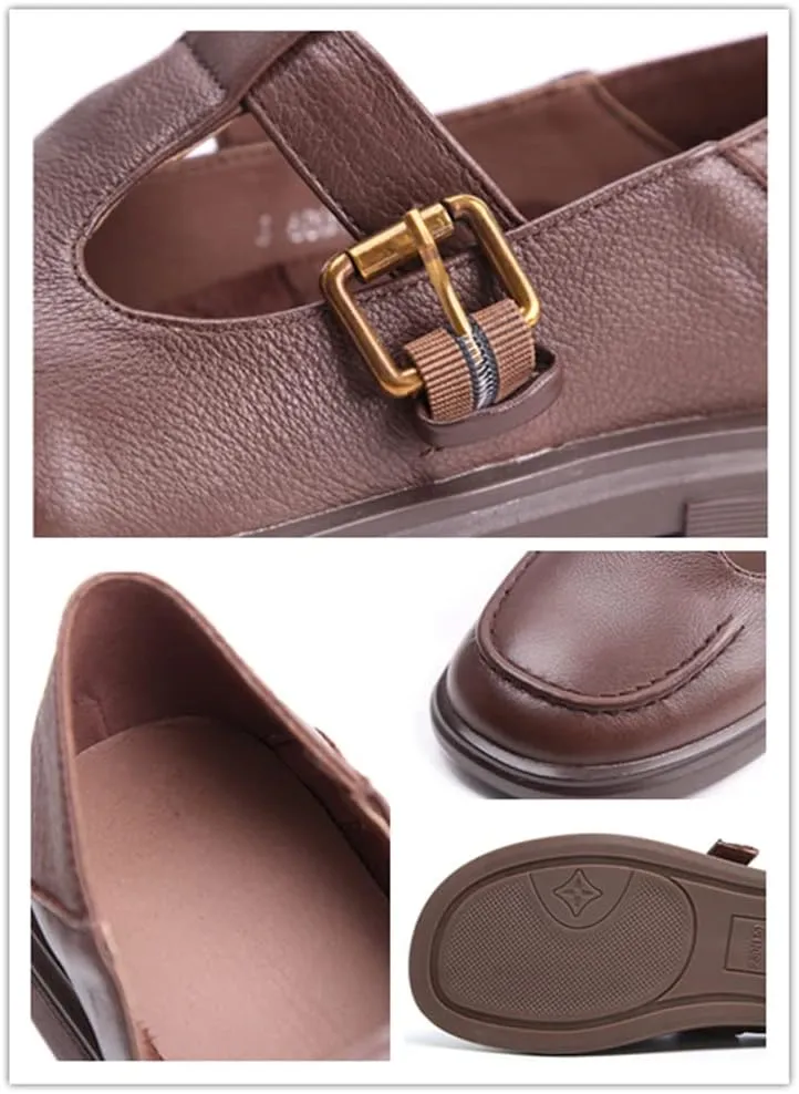 Women's Classic T-Strap Mary Jane Flats Soft Leather Uniform Dress Shoes