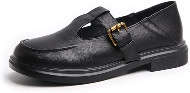 Women's Classic T-Strap Mary Jane Flats Soft Leather Uniform Dress Shoes