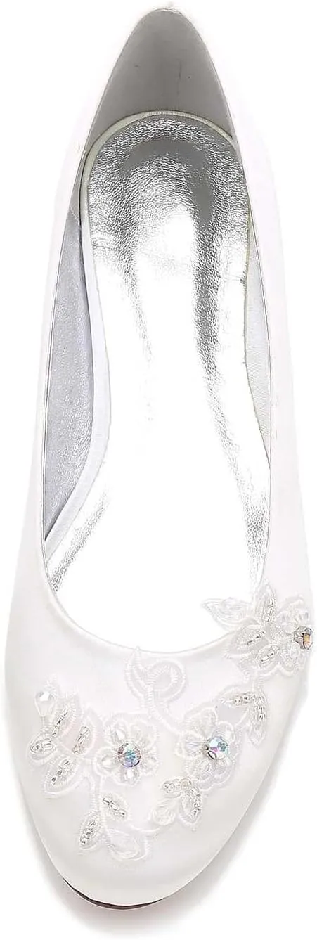 Women's Closed-Toe Satin Wedding Flats with Pearl, Slip-On Design, Elegant Flats for The Bride, Proms, Evenings & Bridal Parties