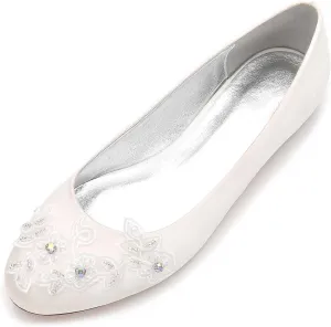 Women's Closed-Toe Satin Wedding Flats with Pearl, Slip-On Design, Elegant Flats for The Bride, Proms, Evenings & Bridal Parties
