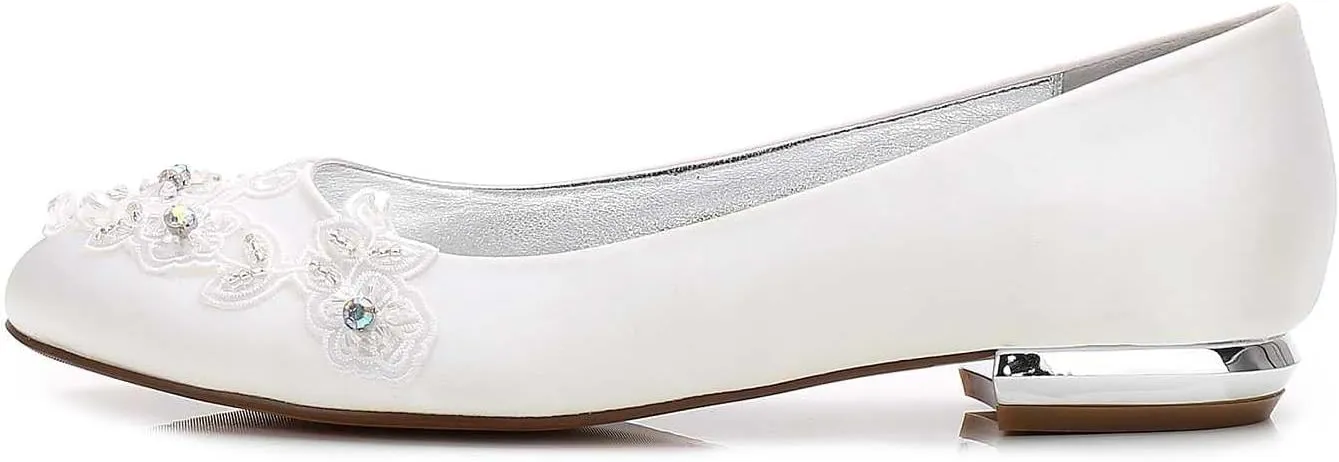 Women's Closed-Toe Satin Wedding Flats with Pearl, Slip-On Design, Elegant Flats for The Bride, Proms, Evenings & Bridal Parties