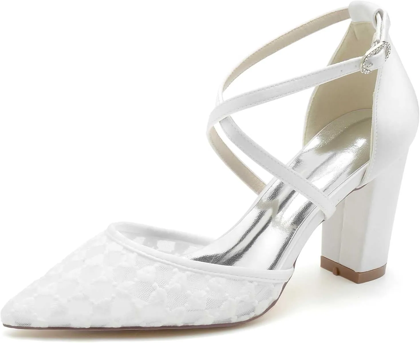 Women's Closed-Toe Wedding Shoes with 3.34-Inch Chunky Heel & Pointed Toe Pump in Lace Satin with Buckle & Elegant High Heel Imitation for Bridal