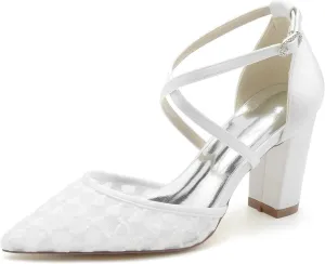 Women's Closed-Toe Wedding Shoes with 3.34-Inch Chunky Heel & Pointed Toe Pump in Lace Satin with Buckle & Elegant High Heel Imitation for Bridal