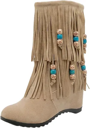 Women's Colors Beads Tassel Suede Boots Fashion Vintage Round Toe Snow Boots Side Zipper Mid Calf Wedge Heels Booties