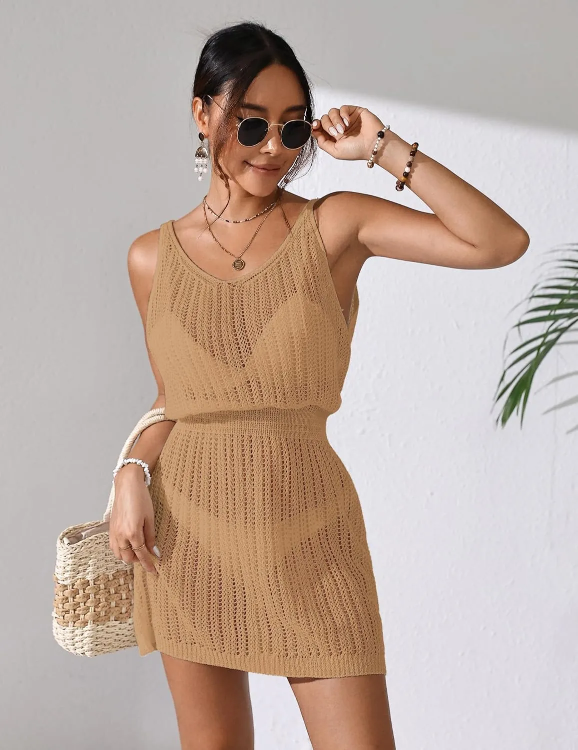 Womens Crochet Knit Waist Cinched Beach Coverup Mini Dress Summer 2025 Backless V Neck Bathing Suit Cover Up