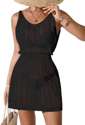 Womens Crochet Knit Waist Cinched Beach Coverup Mini Dress Summer 2025 Backless V Neck Bathing Suit Cover Up