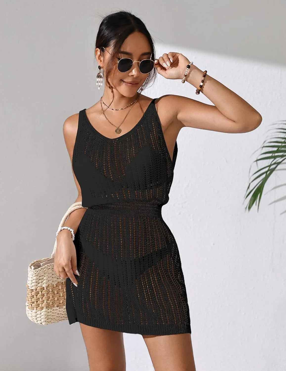 Womens Crochet Knit Waist Cinched Beach Coverup Mini Dress Summer 2025 Backless V Neck Bathing Suit Cover Up