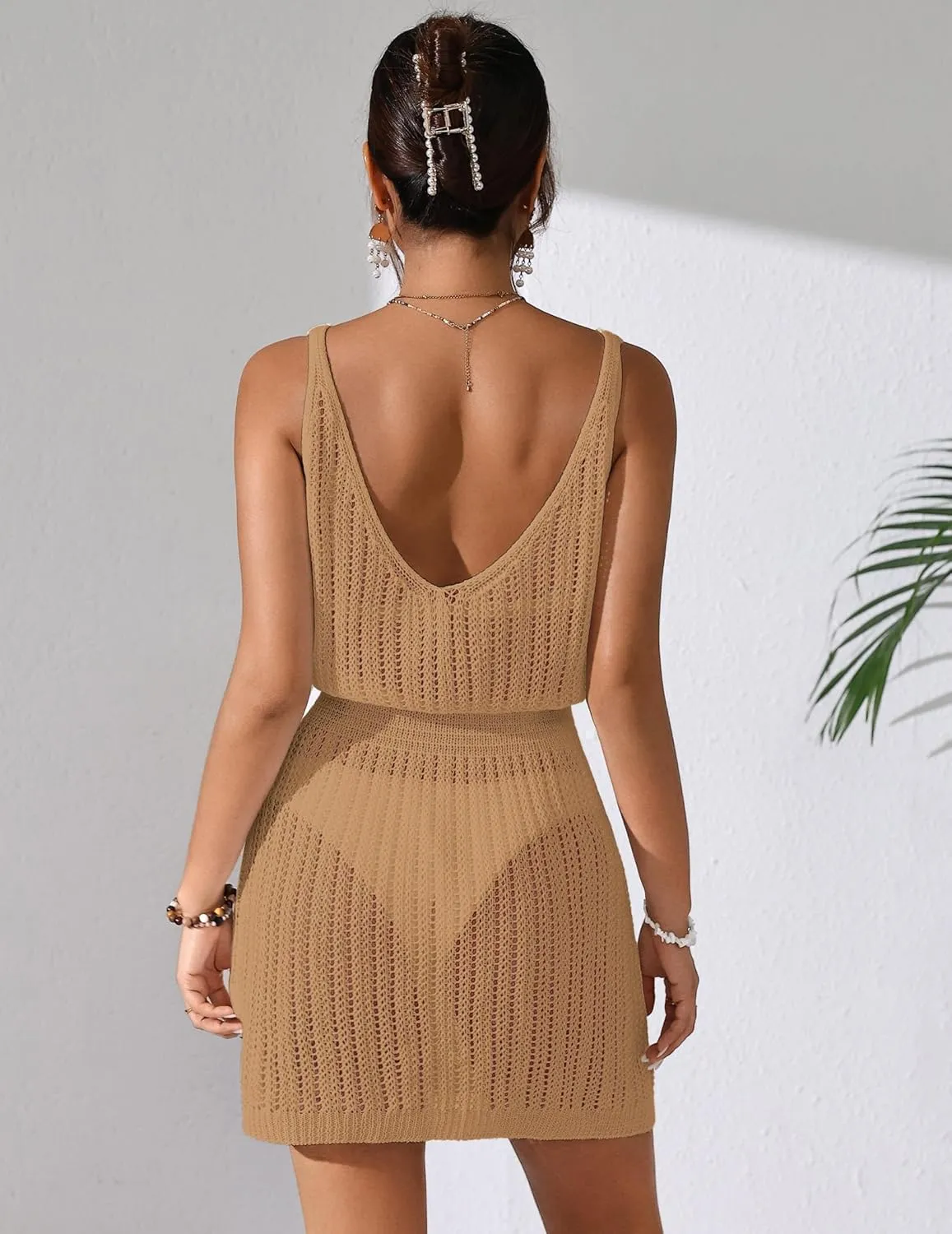 Womens Crochet Knit Waist Cinched Beach Coverup Mini Dress Summer 2025 Backless V Neck Bathing Suit Cover Up