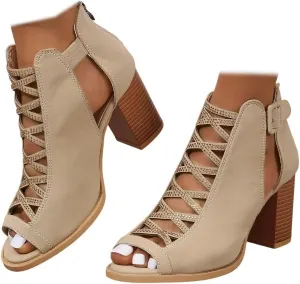 Women's Cutout Peep Toe Stacked Heeled Sandals Cutout Chunky Block Heels Sandals Dress Ankle Strap Buckle Booties