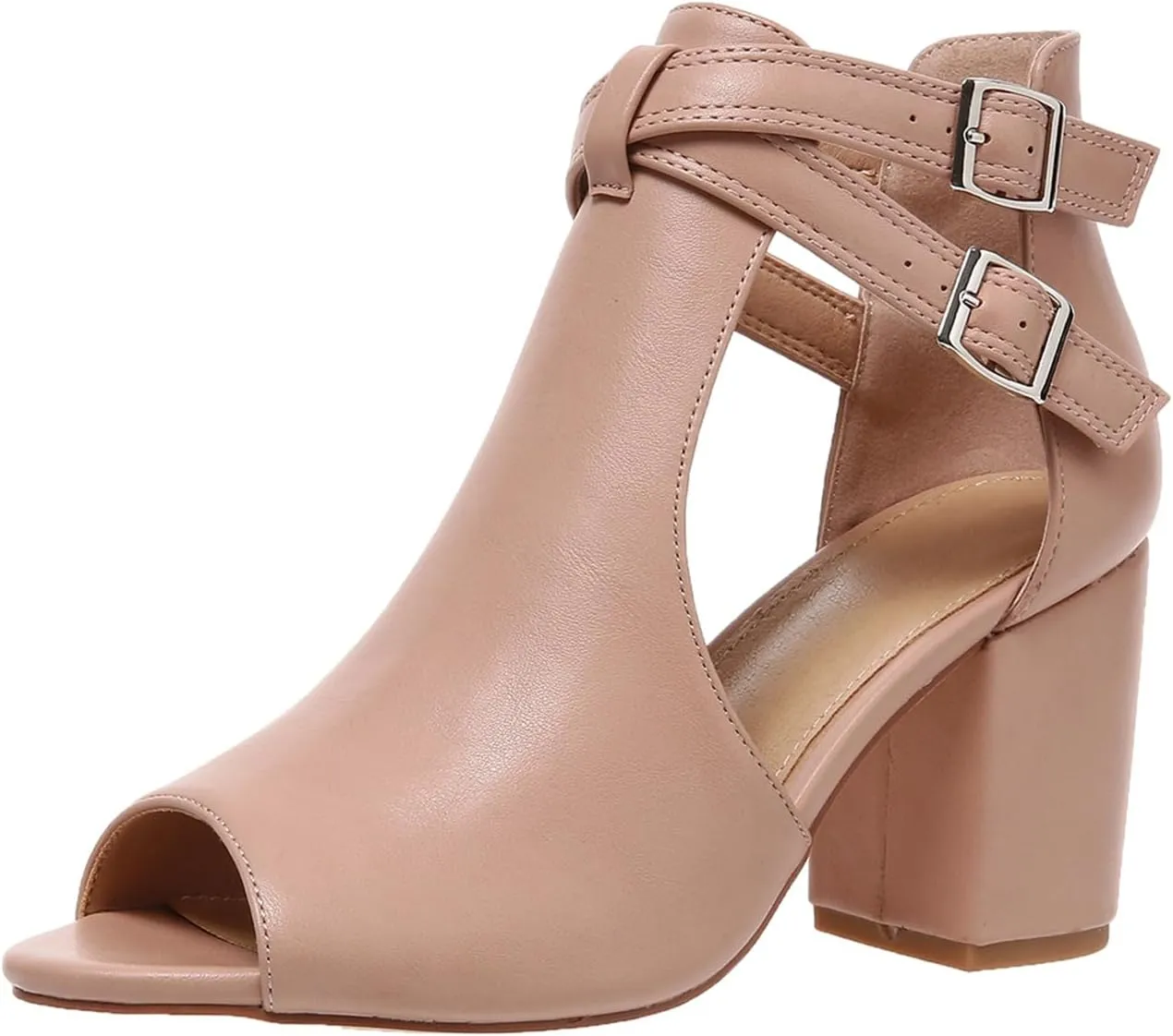 Women's Dress Booties Summer Cut Out Chunky Heeled Sandals Ankle Buckle Strap Peep Toe Boots