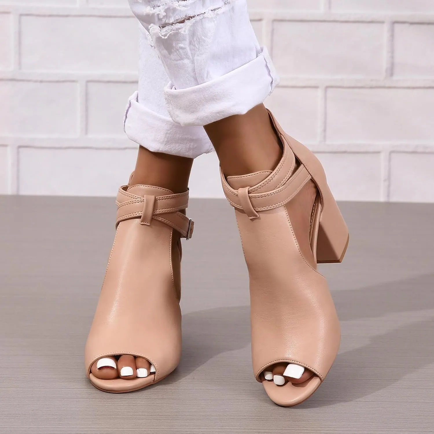 Women's Dress Booties Summer Cut Out Chunky Heeled Sandals Ankle Buckle Strap Peep Toe Boots