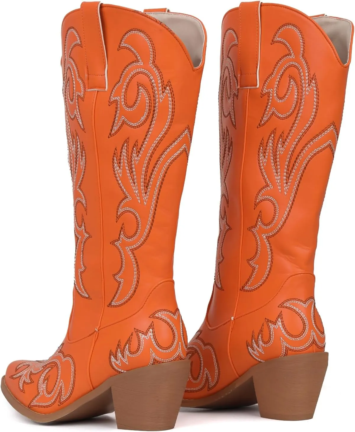 Women's Embroider Cowgirl Boots Snip Toe Slip On Bridal Floral Cowboy Boots Casual Knee High Western Boots