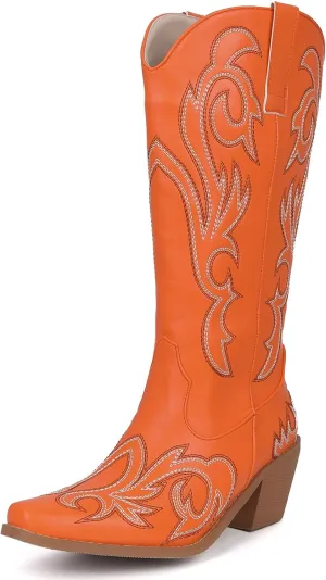 Women's Embroider Cowgirl Boots Snip Toe Slip On Bridal Floral Cowboy Boots Casual Knee High Western Boots
