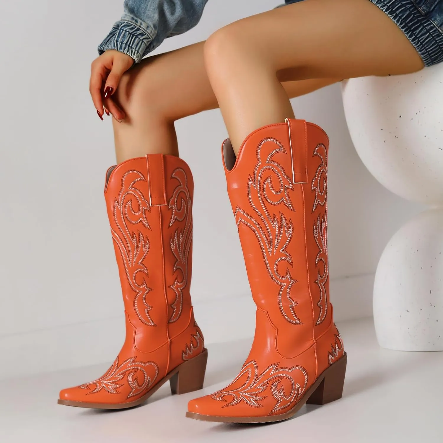 Women's Embroider Cowgirl Boots Snip Toe Slip On Bridal Floral Cowboy Boots Casual Knee High Western Boots
