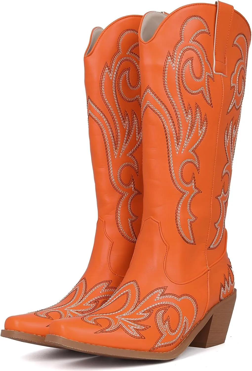 Women's Embroider Cowgirl Boots Snip Toe Slip On Bridal Floral Cowboy Boots Casual Knee High Western Boots